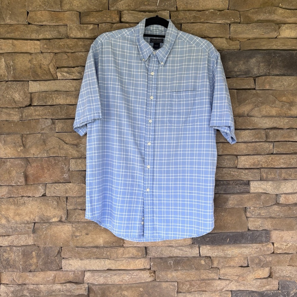 Mens Saddlebred Shirt Blue Plaid Sz Large Short Sleeve Button Front EUC